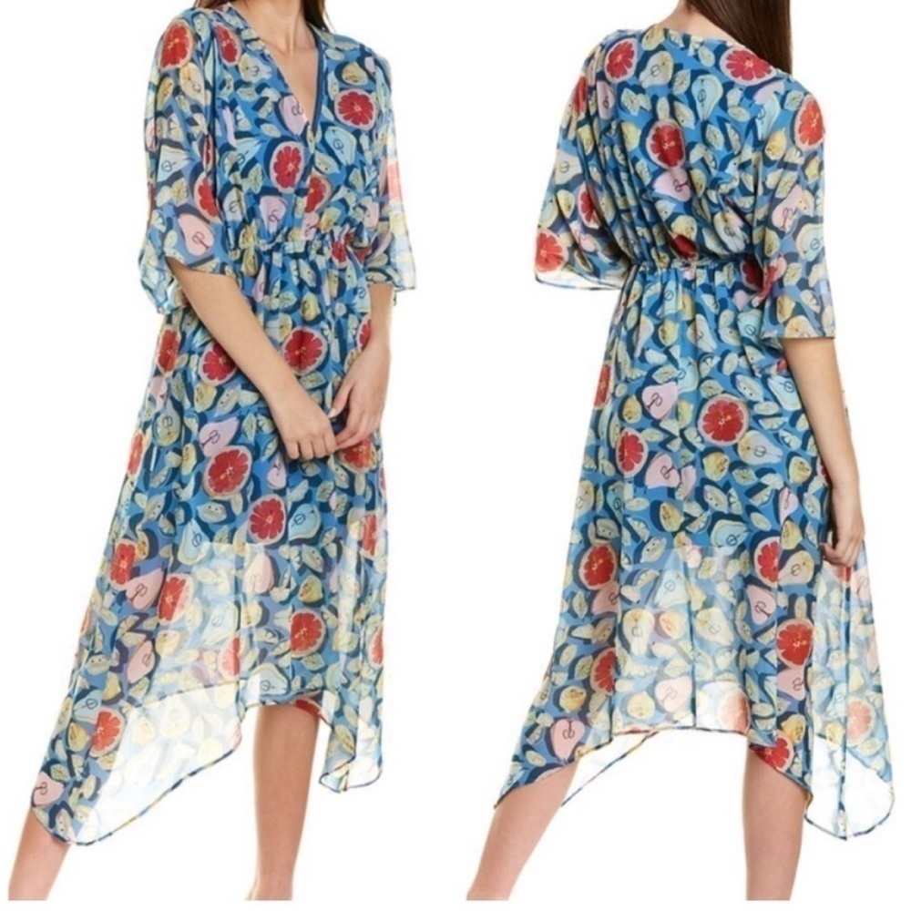 Hutch Blue Fruit Tropical V-Neck Flowy Midi Dress Size 0X Vacation Beach